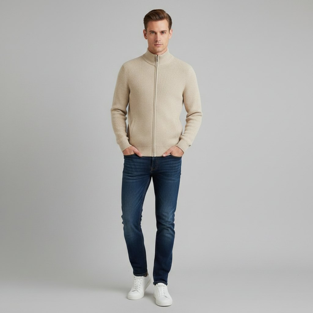 Men's Slim Fit Zip Up Cardigan | Ribbed Knit Black Cardigan