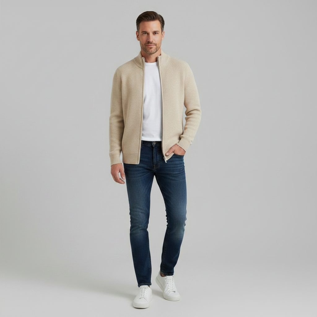 Men's Slim Fit Zip Up Cardigan | Ribbed Knit Black Cardigan