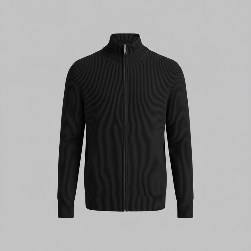 Men's Slim Fit Zip Up Cardigan | Ribbed Knit Black Cardigan