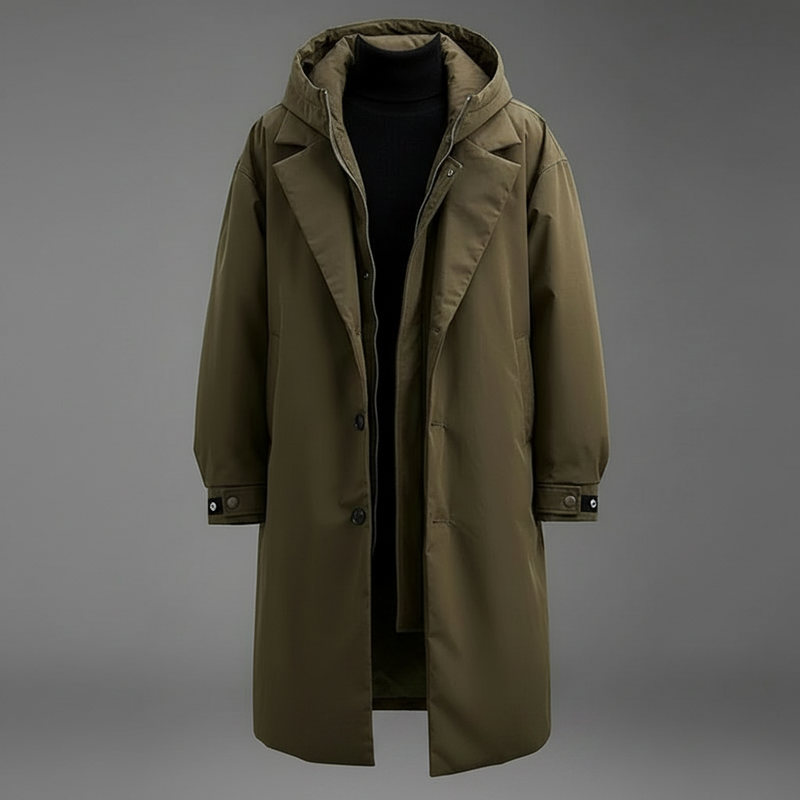 Men's Waterproof Puffer Trench Coat | Long Hooded Jacket