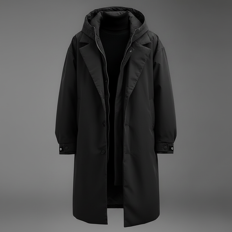 Men's Waterproof Puffer Trench Coat | Long Hooded Jacket