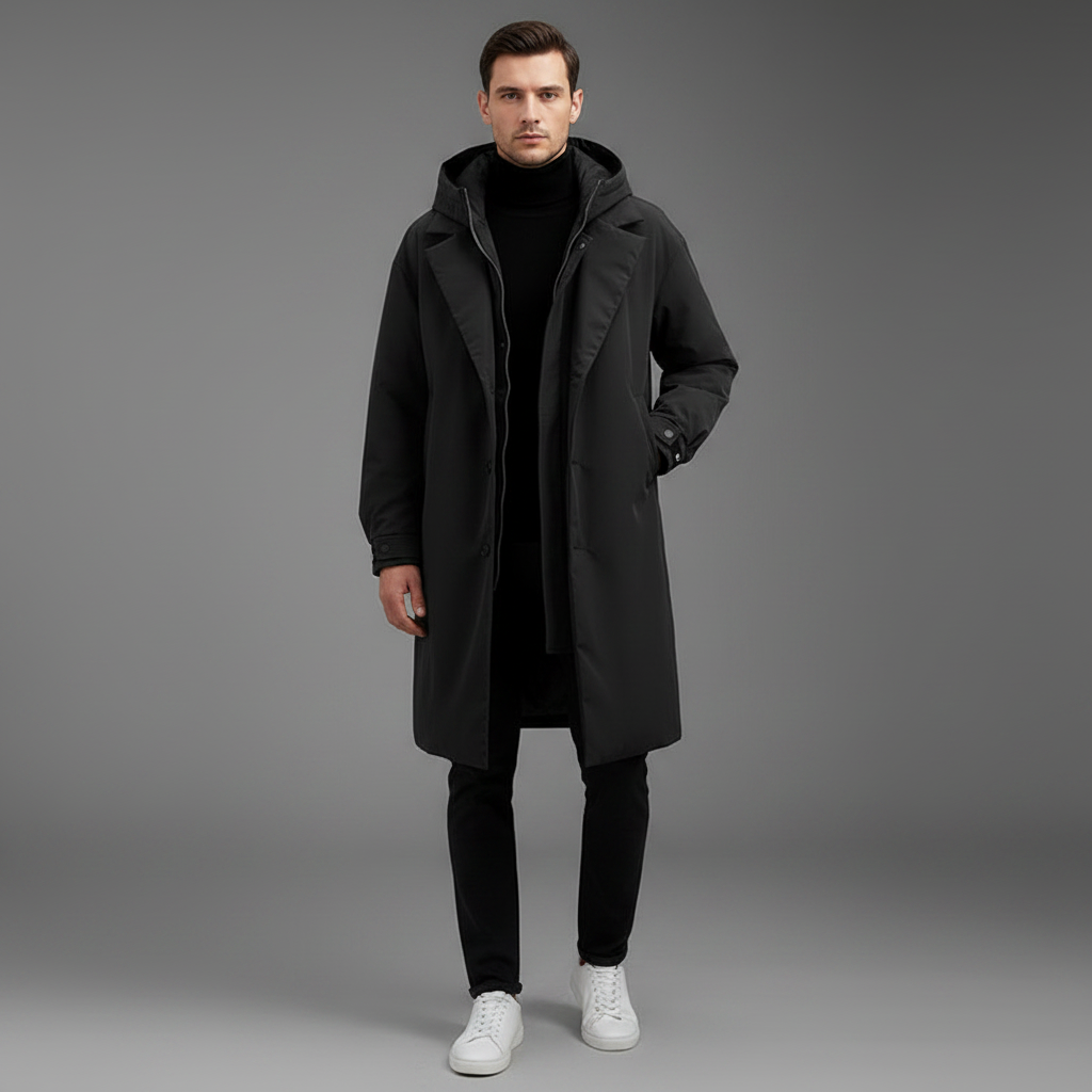 Men's Waterproof Puffer Trench Coat | Long Hooded Jacket