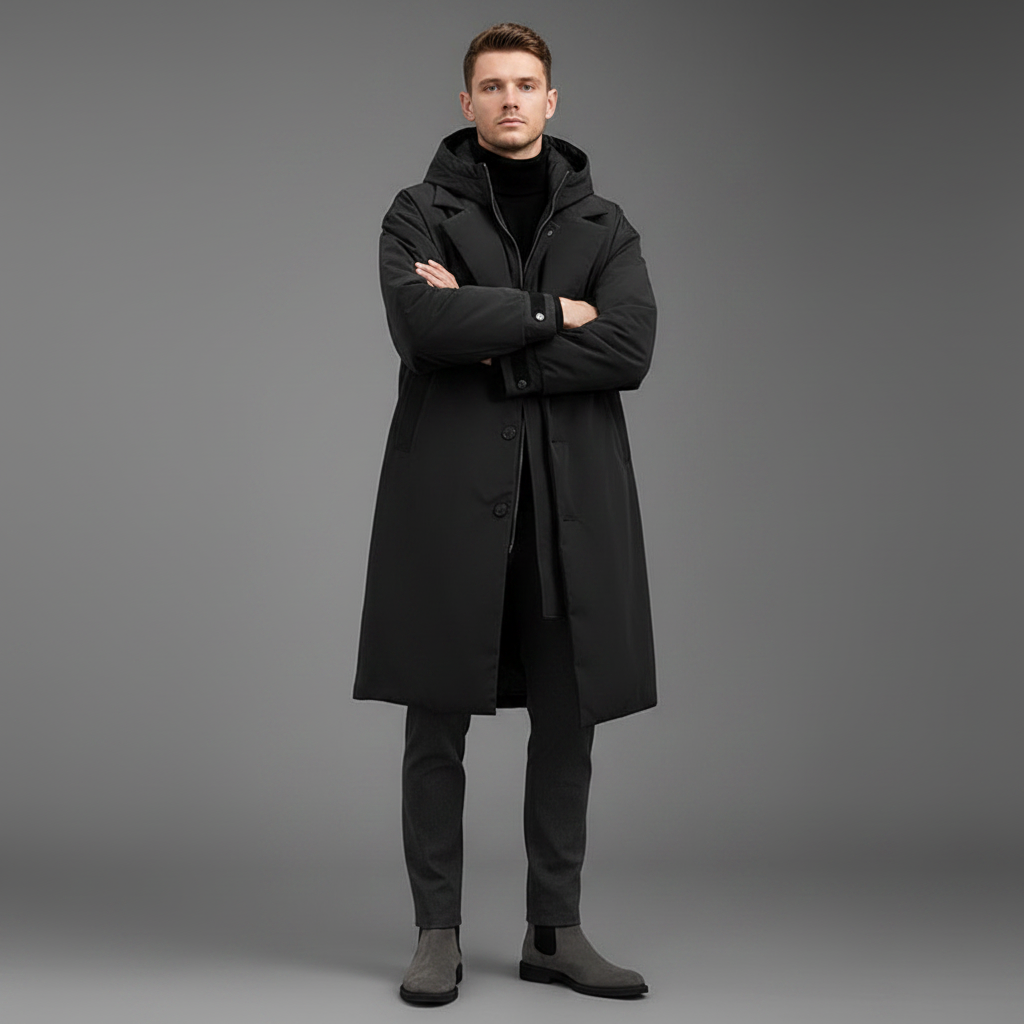 Men's Waterproof Puffer Trench Coat | Long Hooded Jacket