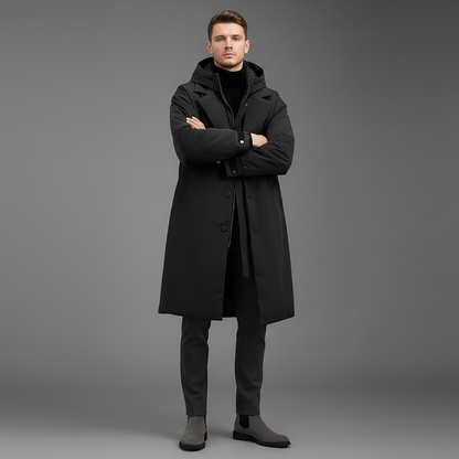 Men's Waterproof Puffer Trench Coat | Long Hooded Jacket