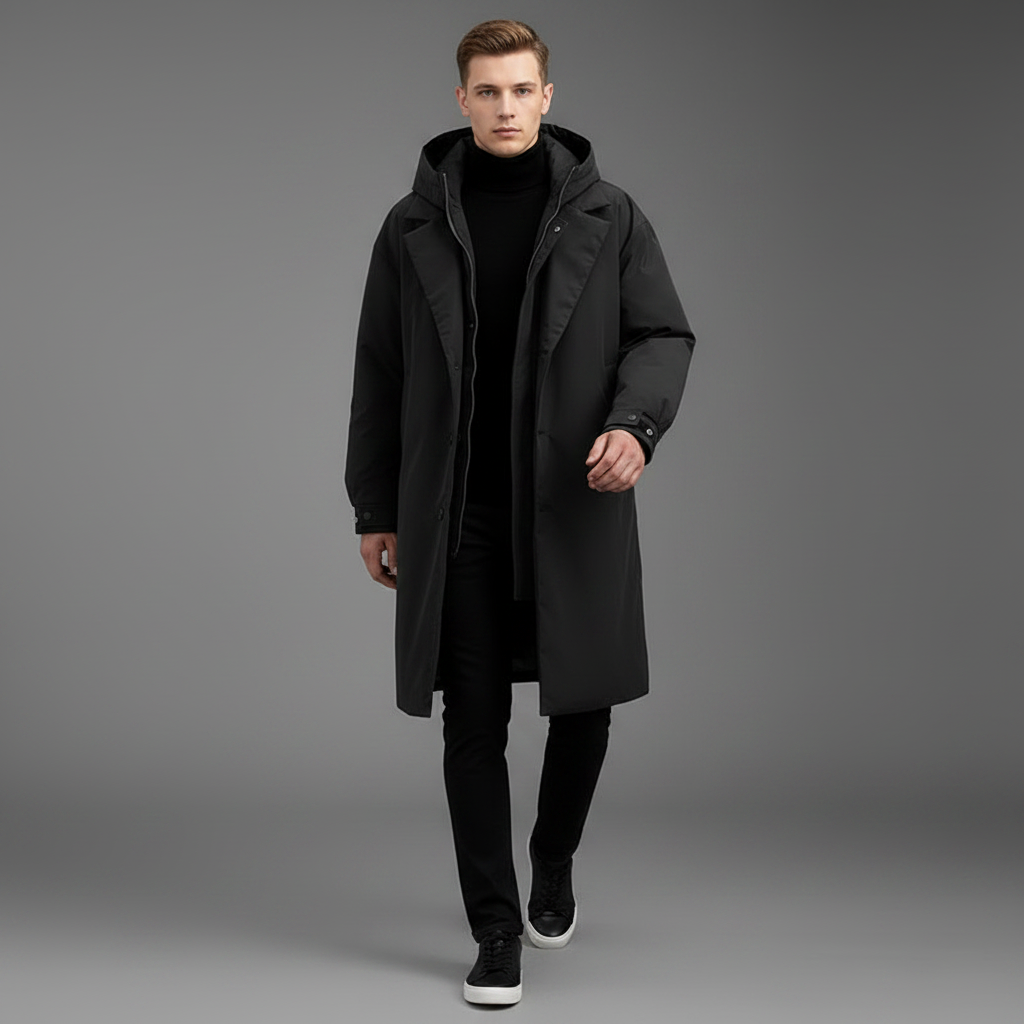 Men's Waterproof Puffer Trench Coat | Long Hooded Jacket
