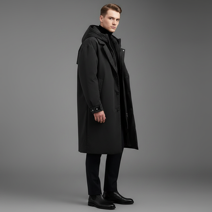 Men's Waterproof Puffer Trench Coat | Long Hooded Jacket
